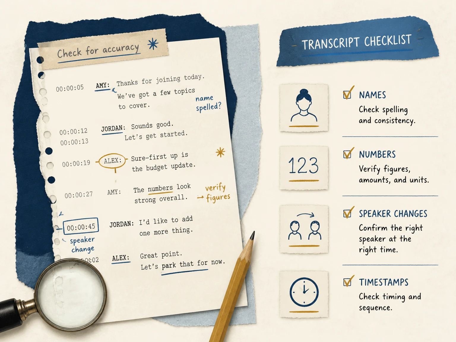 A transcript quality checklist highlighting names, numbers, speakers, and timestamps