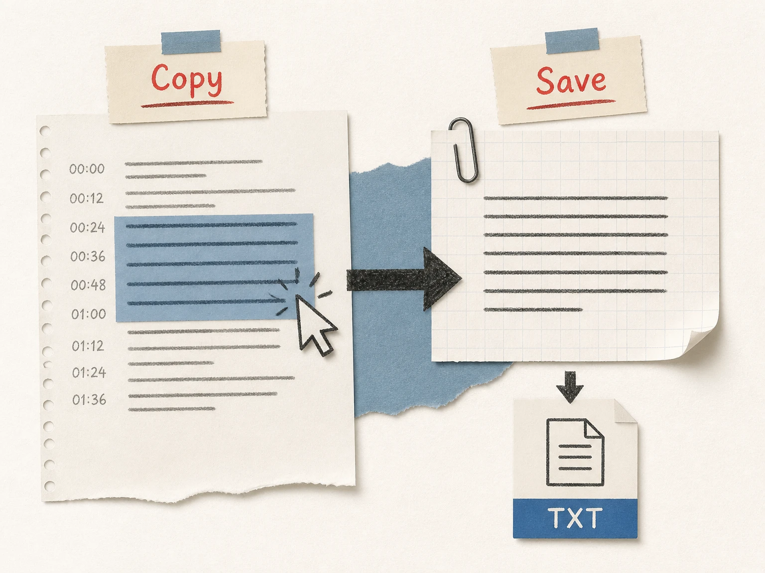 A YouTube transcript being copied and saved as a TXT file
