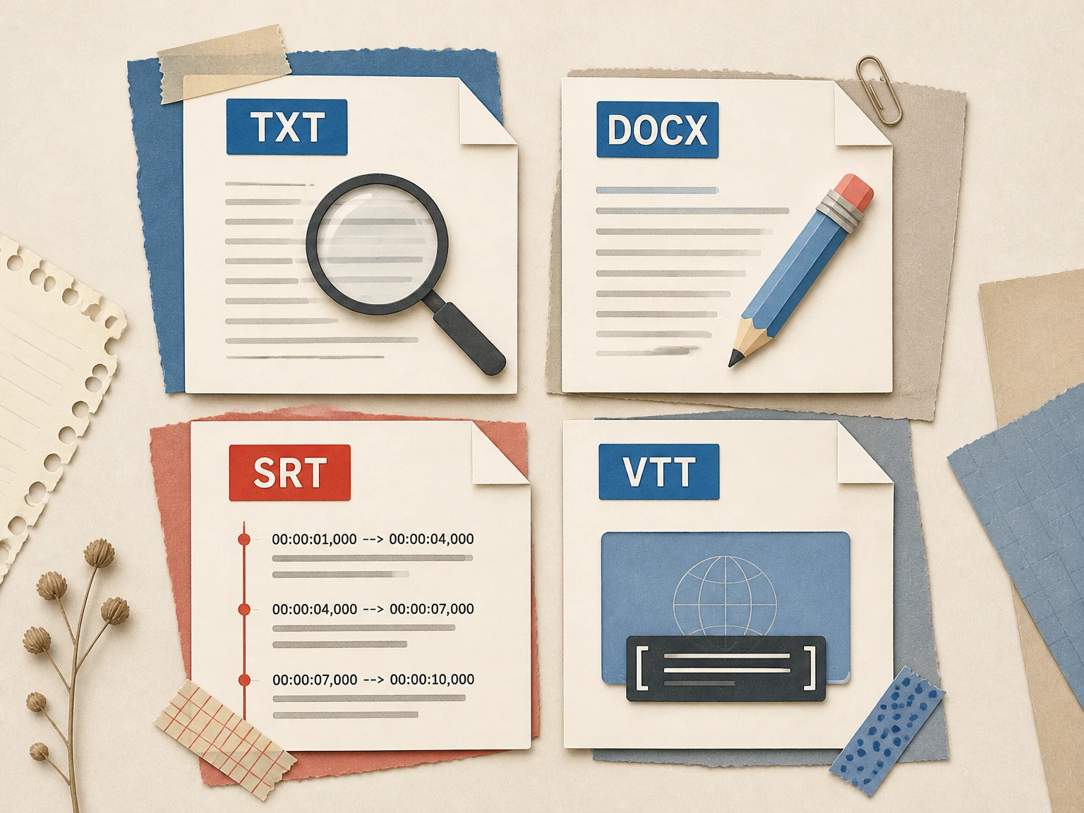 TXT, DOCX, SRT, and VTT transcript export formats
