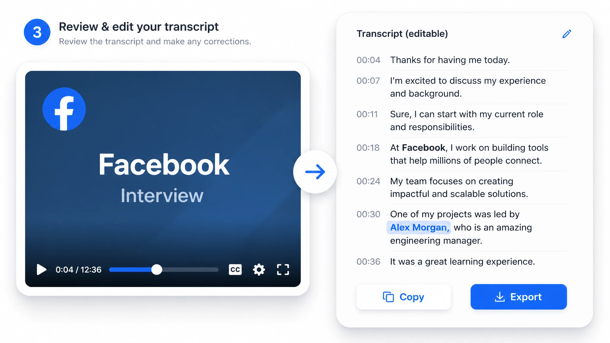 Prüfen und Exportieren eines fertigen Facebook-Video-Transkripts