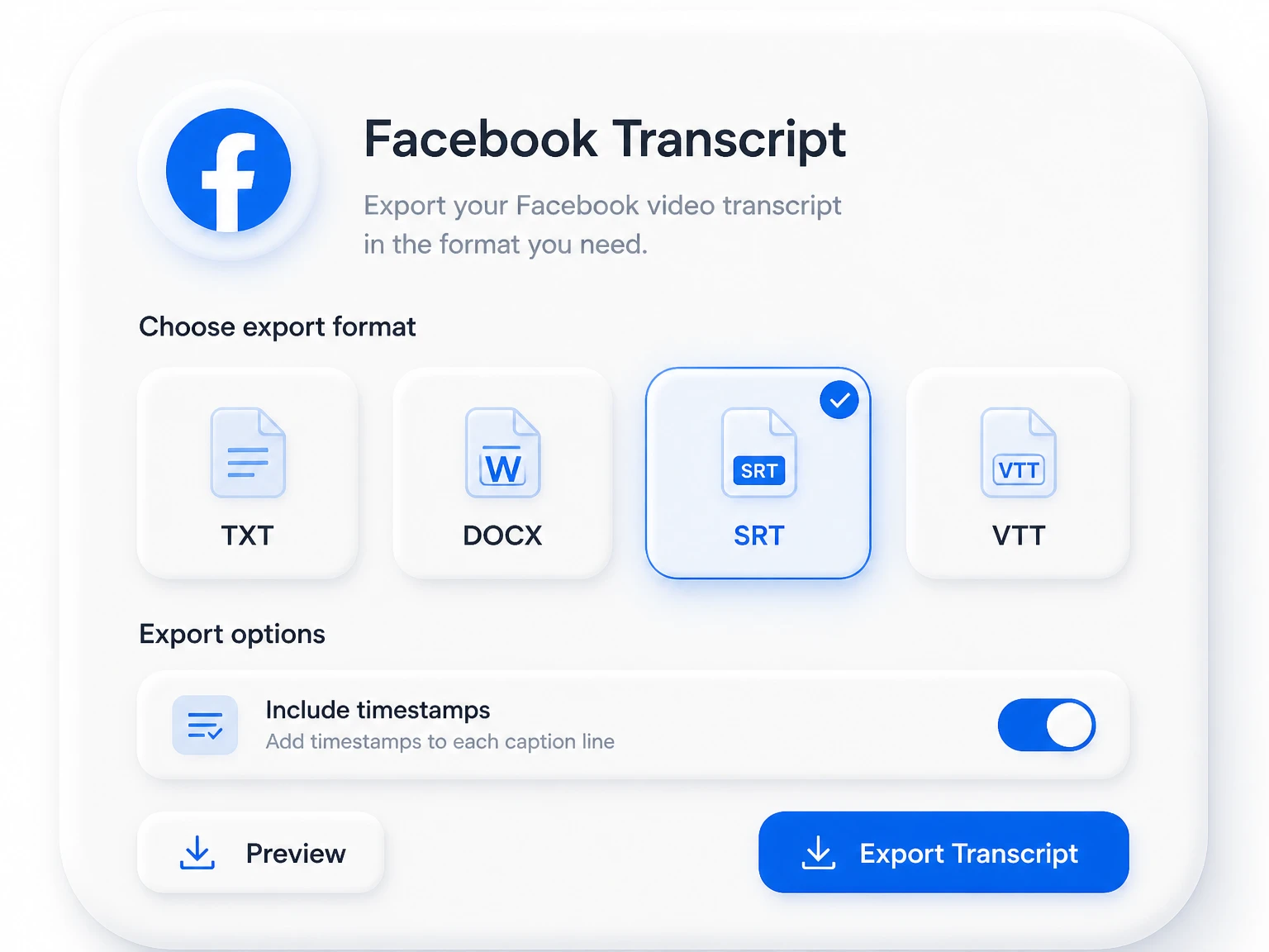 Exportieren eines Facebook-Transkripts als Dokument oder Untertiteldatei