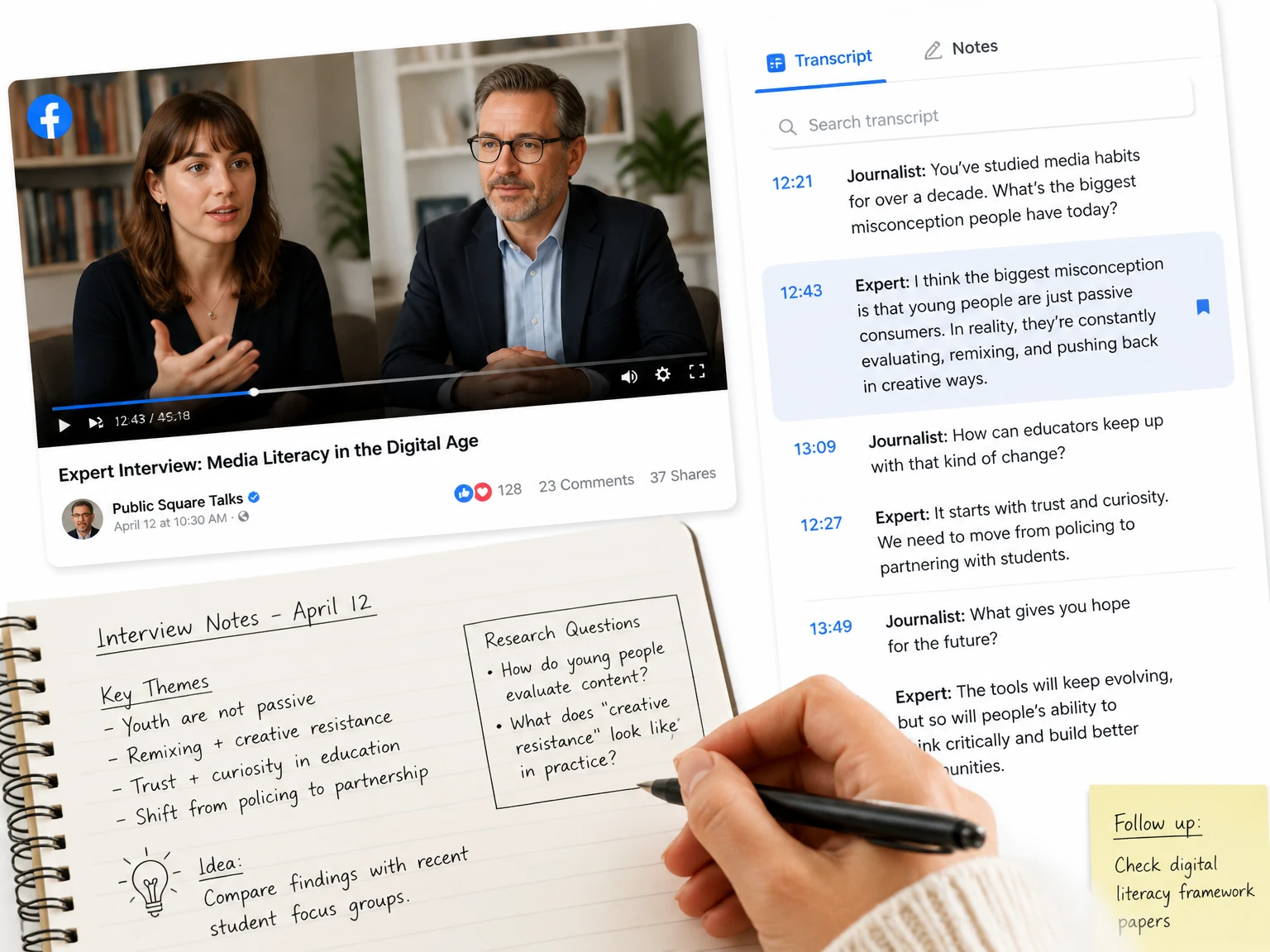 Recherchieren eines Interviews mit einem durchsuchbaren Facebook-Transkript