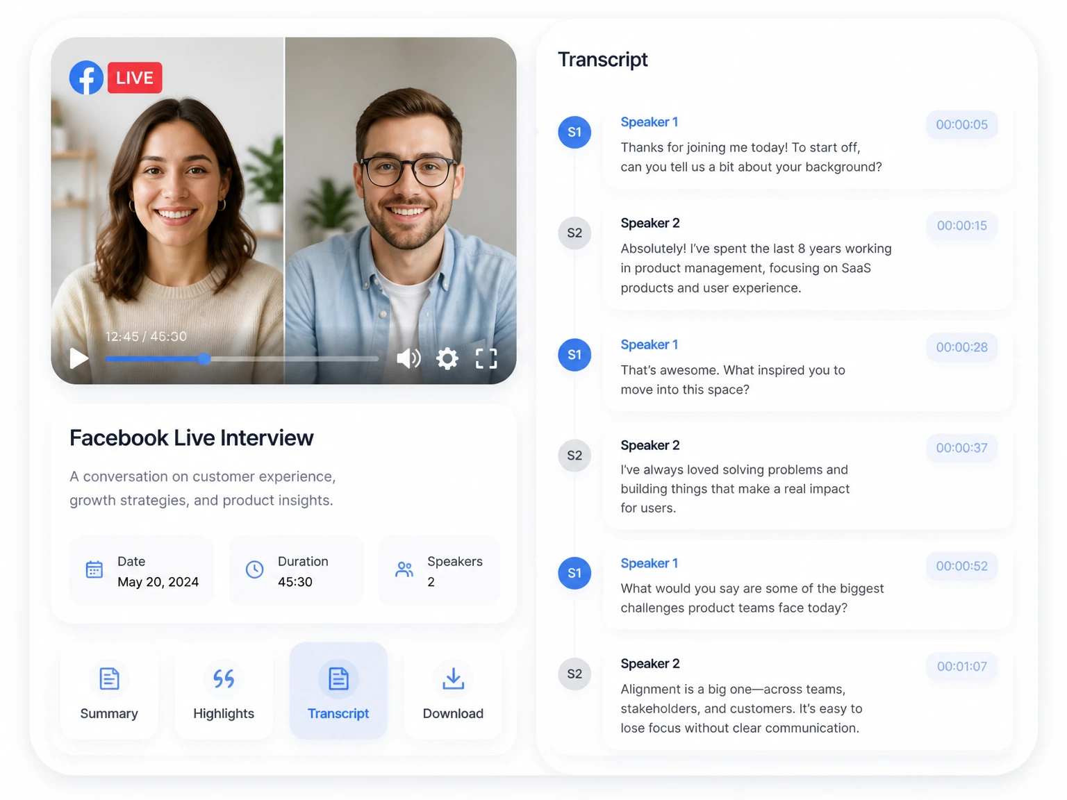 Ein Facebook-Transkript mit Zeitstempel und verschiedenen beschrifteten Sprechern