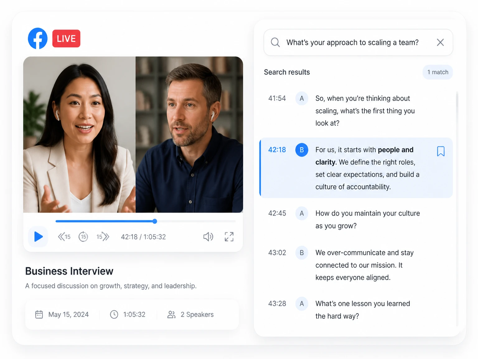 Durchsuchen eines Facebook-Live-Transkripts nach einem im Video verborgenen Detail