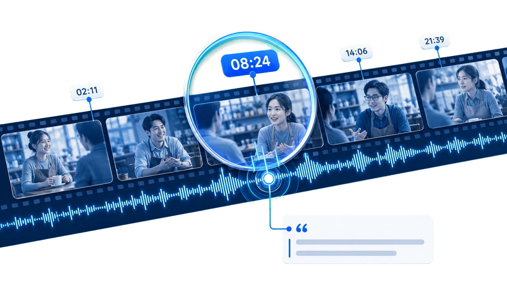 Timestamped transcript segments linked to the source video