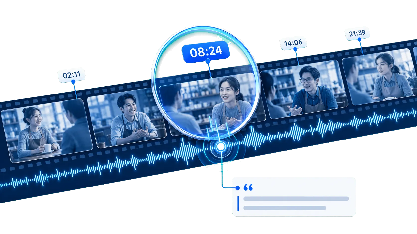 Timestamped transcript segments linked to the source video