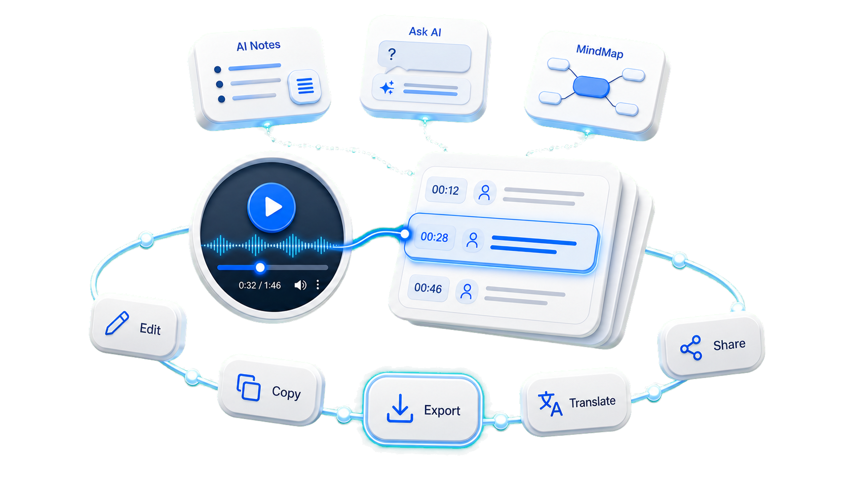 Video transcript result page with timestamped text and review tools