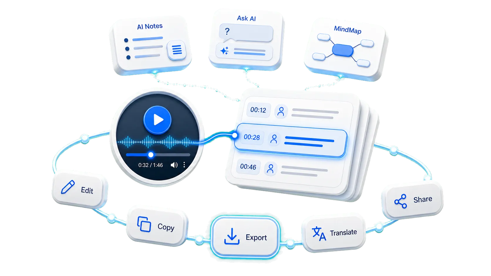 Video transcript result page with timestamped text and review tools