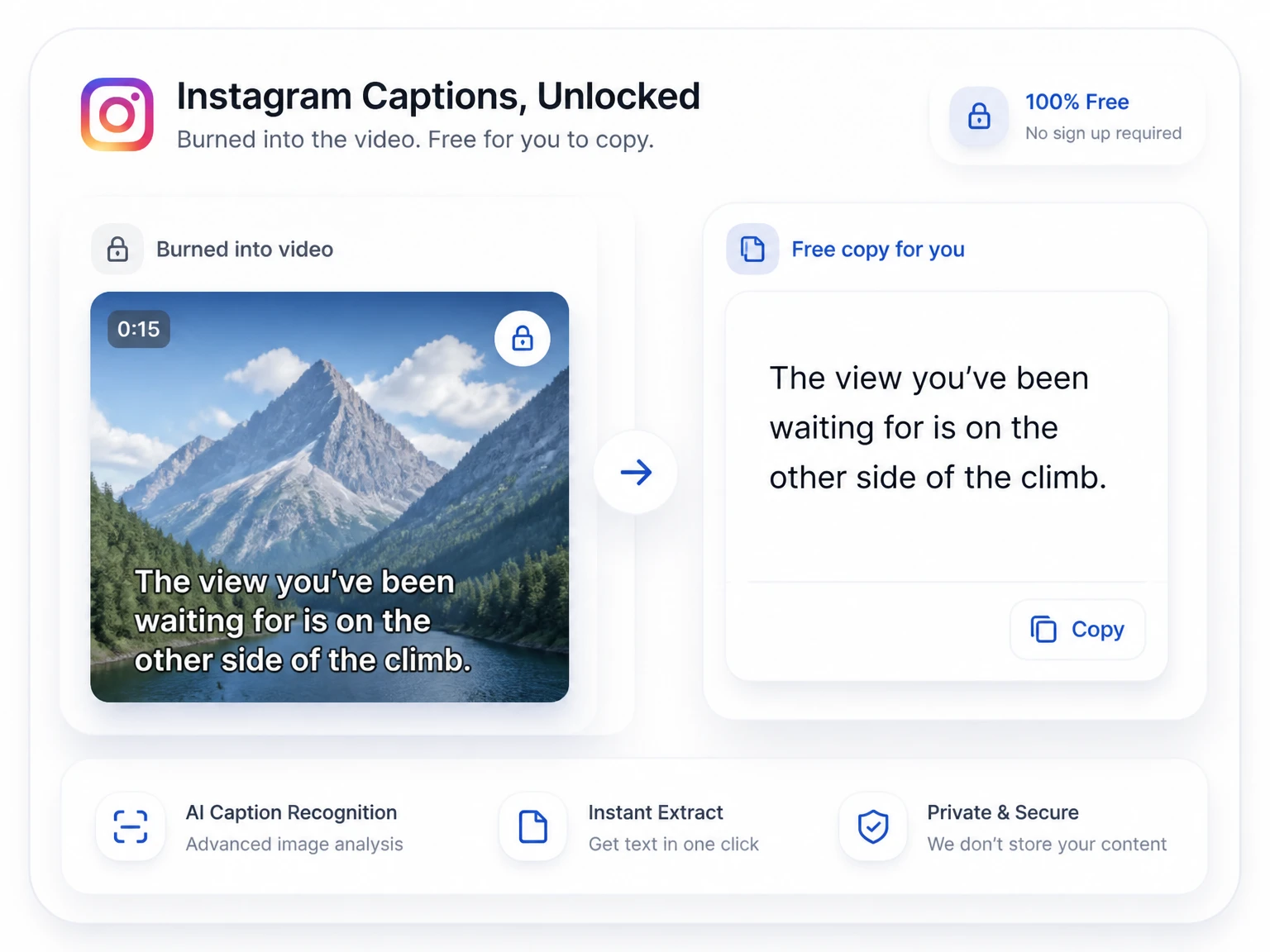 Instagram-Captions im Vergleich mit einem auswählbaren Videotranskript