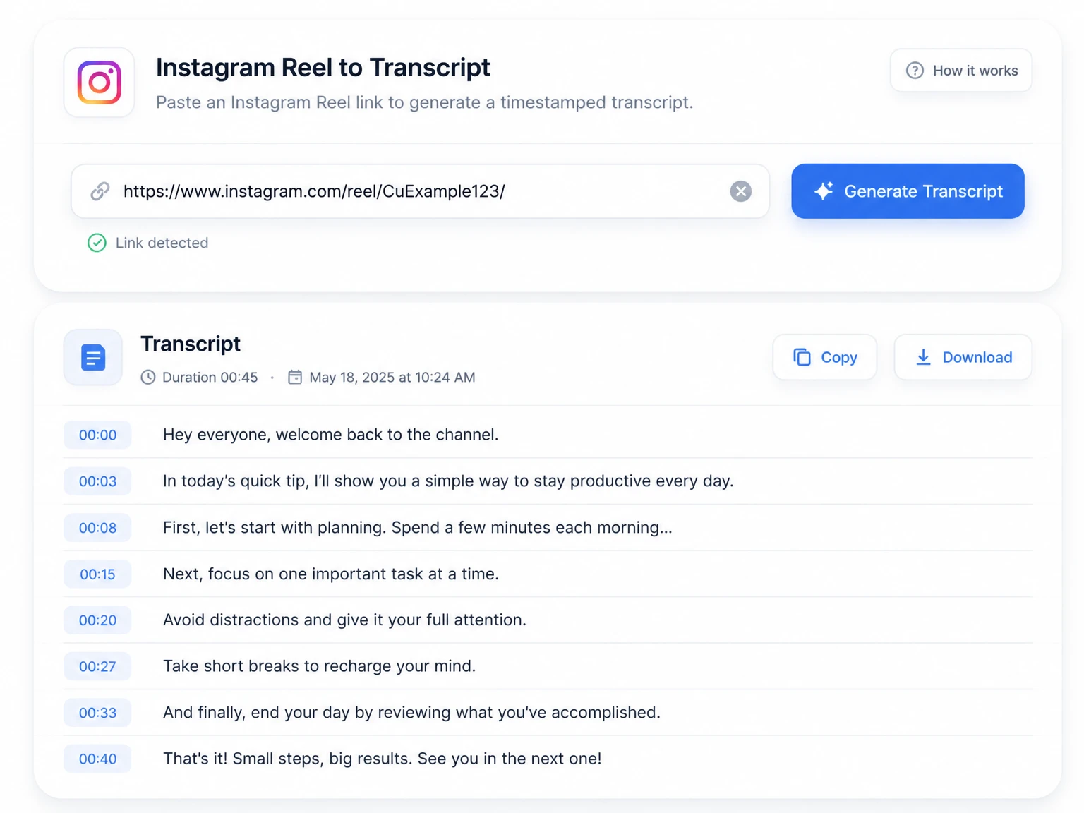 Ein öffentliches Instagram Reel wird in ein bearbeitbares Transkript umgewandelt