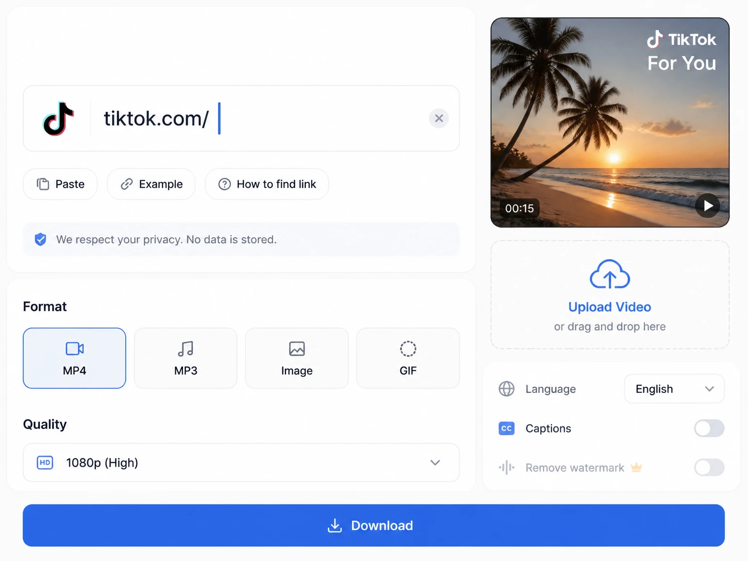 TikTok 링크를 붙여넣거나 클립을 업로드하는 모습