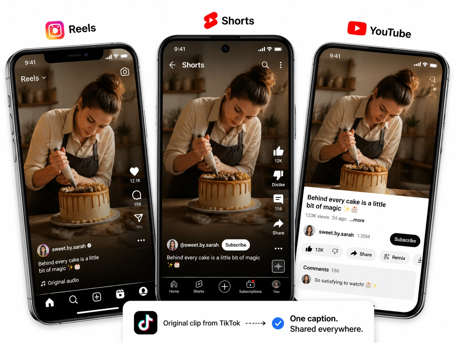 TikTok 동영상을 Reels, Shorts, YouTube에 재게시하는 모습