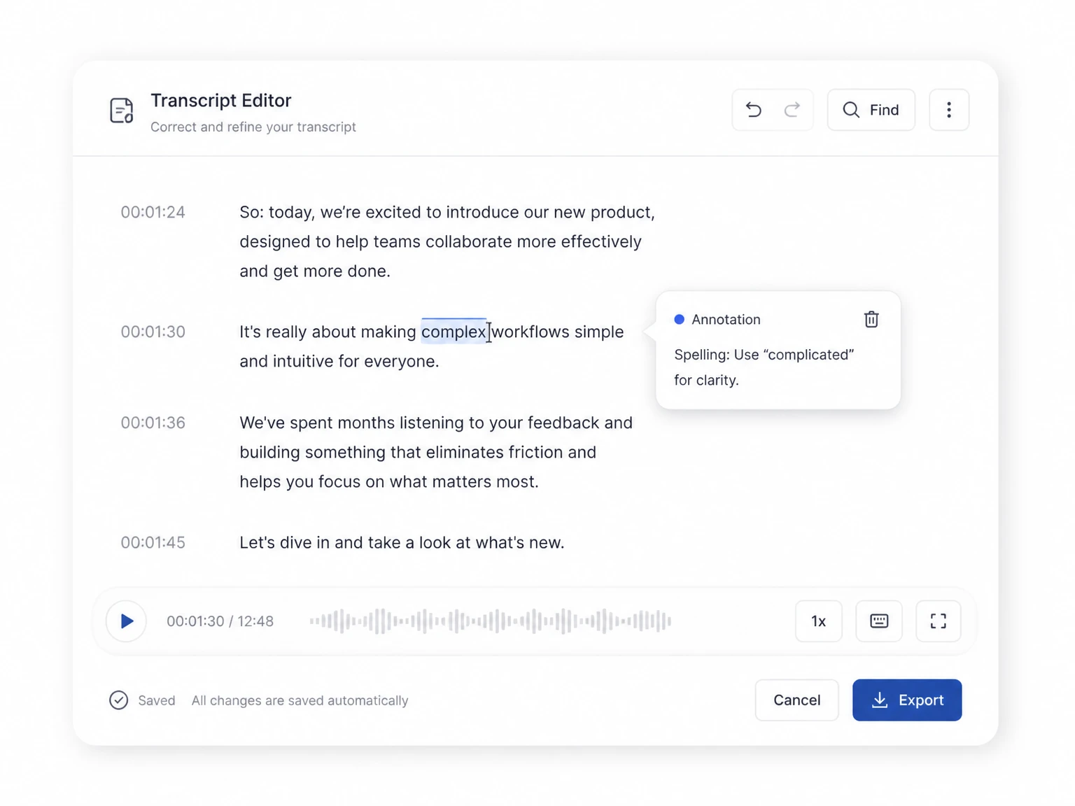 Editor de transcripciones integrado en el navegador