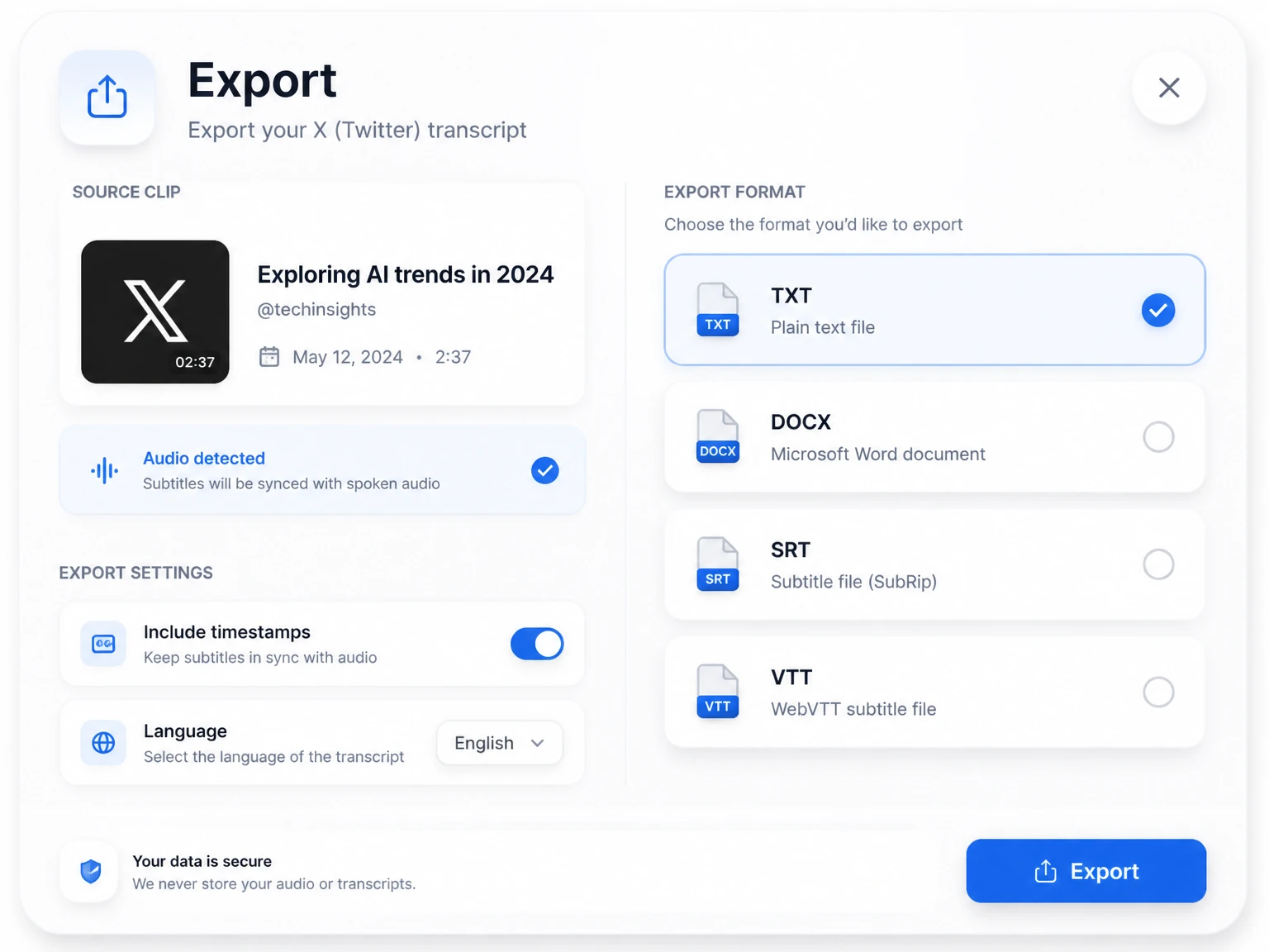 Modifier et exporter une transcription X en TXT, SRT ou VTT