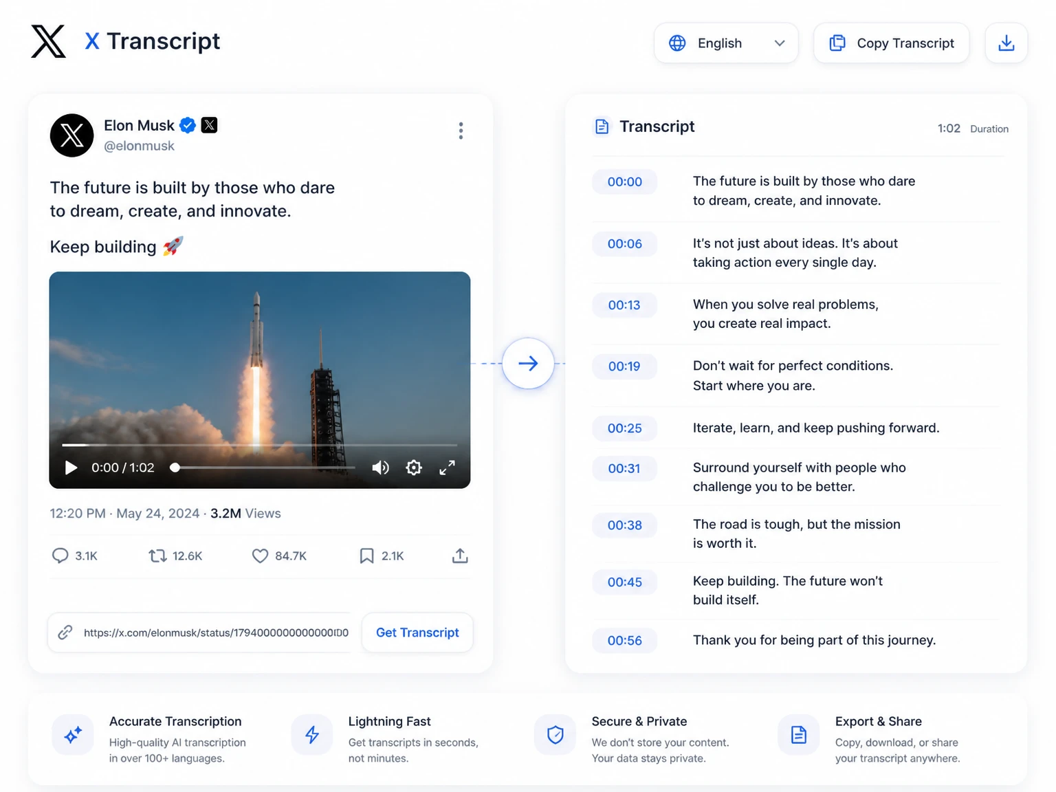 Lien vidéo X public converti en transcription horodatée