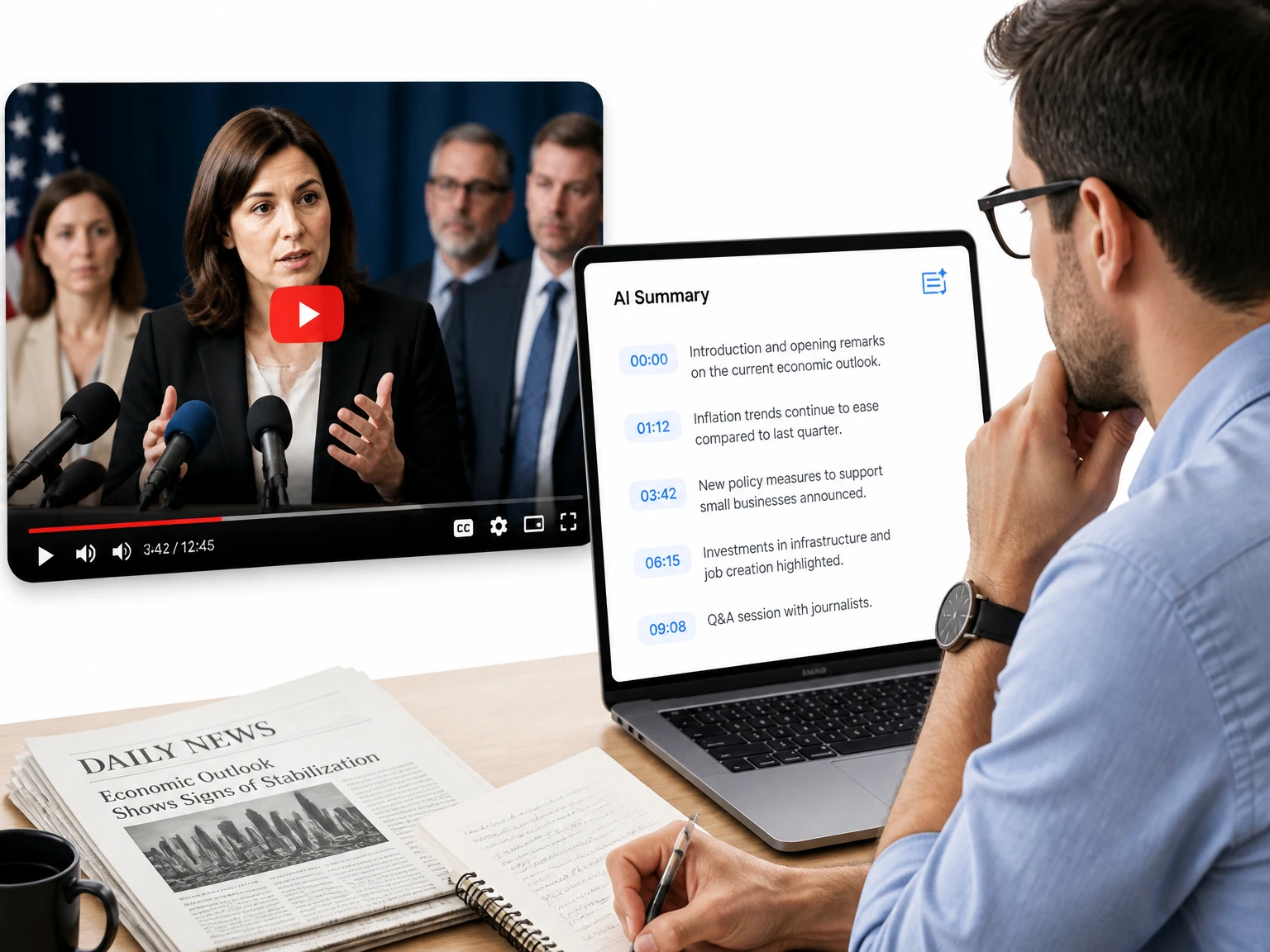 Vorträge und Nachrichtenclips mit Zusammenfassungen überprüft
